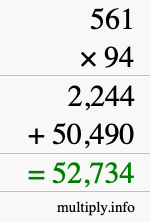 How to calculate 561 times 94 using long multiplication