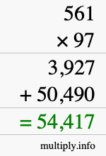 How to calculate 561 times 97 using long multiplication