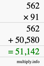 How to calculate 562 times 91 using long multiplication