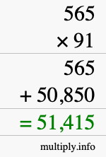 How to calculate 565 times 91 using long multiplication