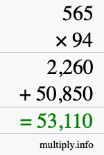 How to calculate 565 times 94 using long multiplication
