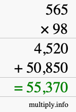 How to calculate 565 times 98 using long multiplication