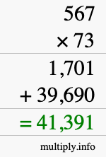 How to calculate 567 times 73 using long multiplication