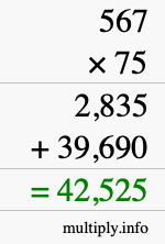 How to calculate 567 times 75 using long multiplication