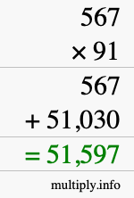 How to calculate 567 times 91 using long multiplication