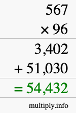 How to calculate 567 times 96 using long multiplication