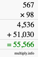How to calculate 567 times 98 using long multiplication