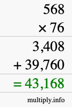 How to calculate 568 times 76 using long multiplication