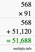 How to calculate 568 times 91 using long multiplication