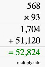 How to calculate 568 times 93 using long multiplication
