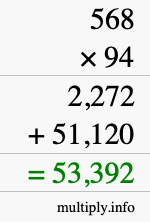 How to calculate 568 times 94 using long multiplication