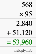 How to calculate 568 times 95 using long multiplication