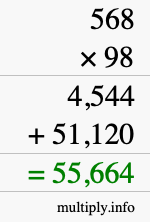 How to calculate 568 times 98 using long multiplication