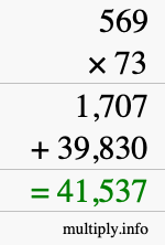 How to calculate 569 times 73 using long multiplication