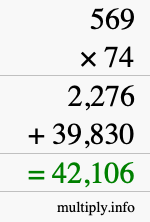 How to calculate 569 times 74 using long multiplication