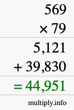 How to calculate 569 times 79 using long multiplication