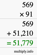 How to calculate 569 times 91 using long multiplication