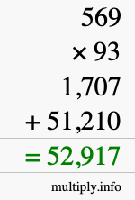 How to calculate 569 times 93 using long multiplication
