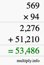 How to calculate 569 times 94 using long multiplication