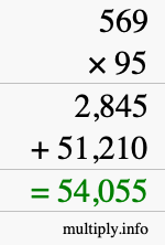How to calculate 569 times 95 using long multiplication