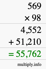 How to calculate 569 times 98 using long multiplication