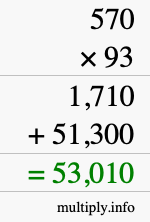 How to calculate 570 times 93 using long multiplication