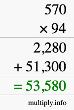 How to calculate 570 times 94 using long multiplication