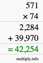 How to calculate 571 times 74 using long multiplication