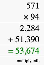 How to calculate 571 times 94 using long multiplication