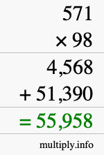 How to calculate 571 times 98 using long multiplication