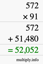 How to calculate 572 times 91 using long multiplication