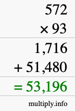 How to calculate 572 times 93 using long multiplication