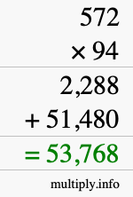 How to calculate 572 times 94 using long multiplication