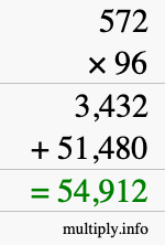 How to calculate 572 times 96 using long multiplication