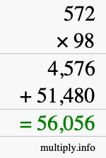 How to calculate 572 times 98 using long multiplication