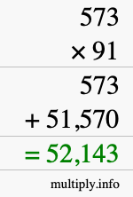 How to calculate 573 times 91 using long multiplication