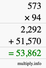 How to calculate 573 times 94 using long multiplication