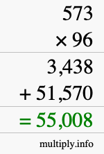 How to calculate 573 times 96 using long multiplication
