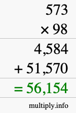 How to calculate 573 times 98 using long multiplication