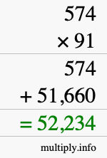 How to calculate 574 times 91 using long multiplication