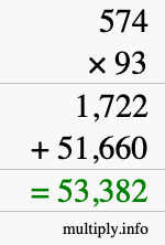 How to calculate 574 times 93 using long multiplication