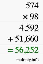 How to calculate 574 times 98 using long multiplication