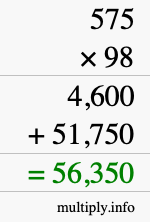 How to calculate 575 times 98 using long multiplication