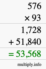 How to calculate 576 times 93 using long multiplication
