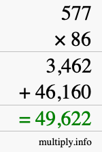 How to calculate 577 times 86 using long multiplication