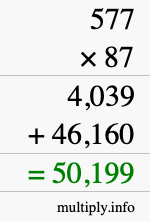 How to calculate 577 times 87 using long multiplication