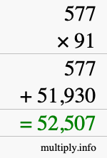 How to calculate 577 times 91 using long multiplication