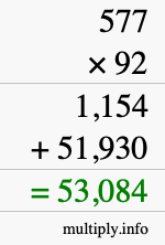 How to calculate 577 times 92 using long multiplication
