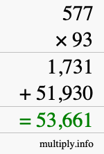 How to calculate 577 times 93 using long multiplication