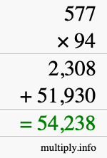 How to calculate 577 times 94 using long multiplication